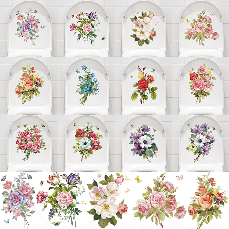 Watercolor Floral Rose Peony Green Leaves Wall Sticker Bathroom Toilet Sticker Self Adhesive Mural Flower Home Decoration Decals
