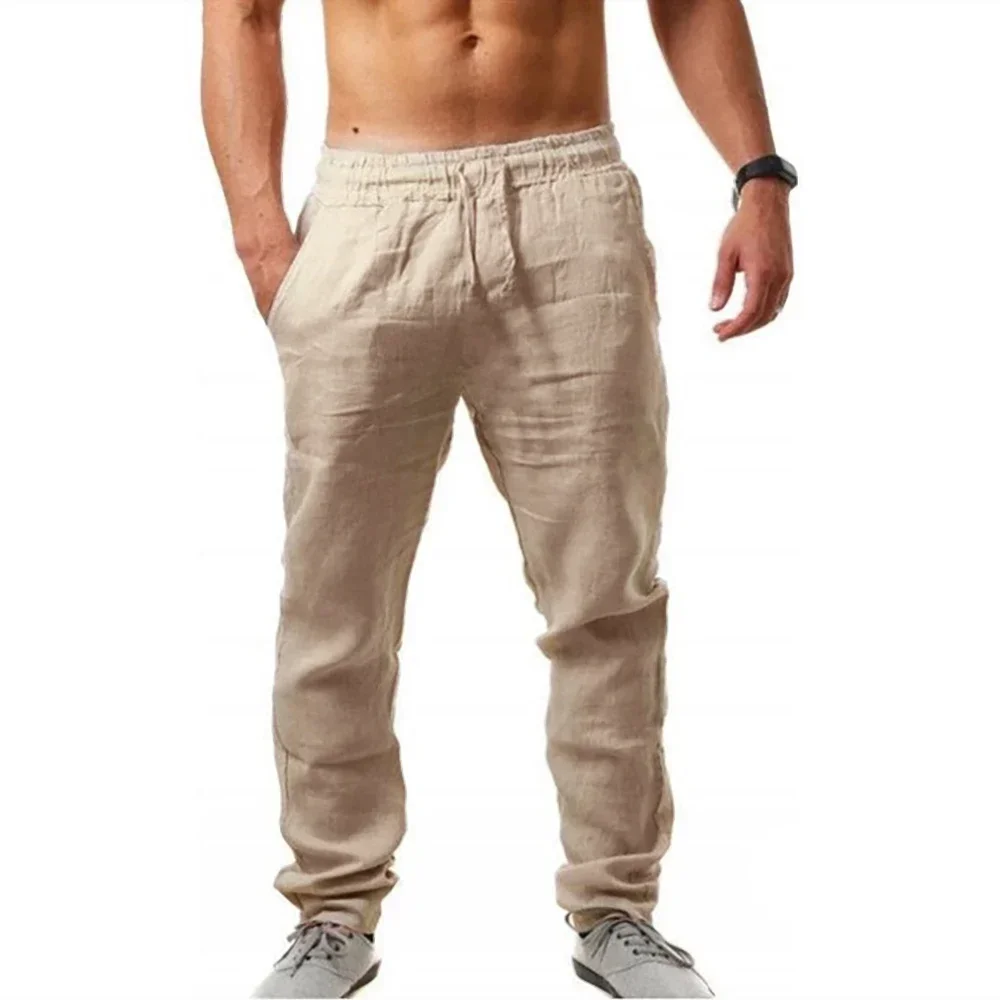Men's Linen Pants Cotton Linen Long Pants Summer Casual Loose Drawstring Yoga Beach Trousers Breathable Elastic Waist Sweatpants 2