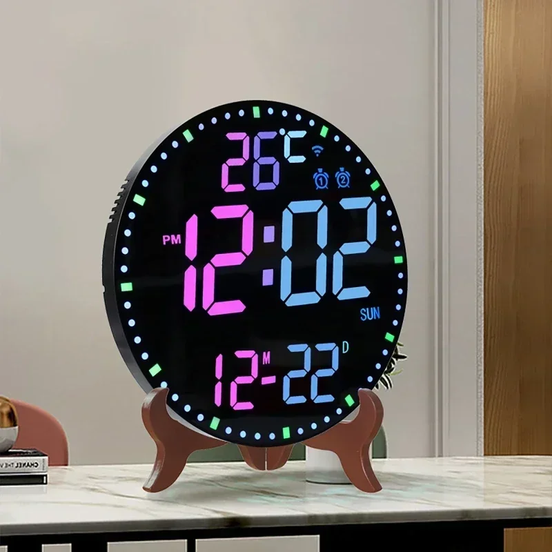 Smart Wifi Colorful LED Large Digital Wall Clock Temperature Date Week Display Dual Alarms 12/24h HomeDecor Remote