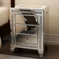 Silver Nightstand with LED, Mirrored End Table with Charging Station Wireless, Side Table Storage Cabinet with Crystal & Drawers 1