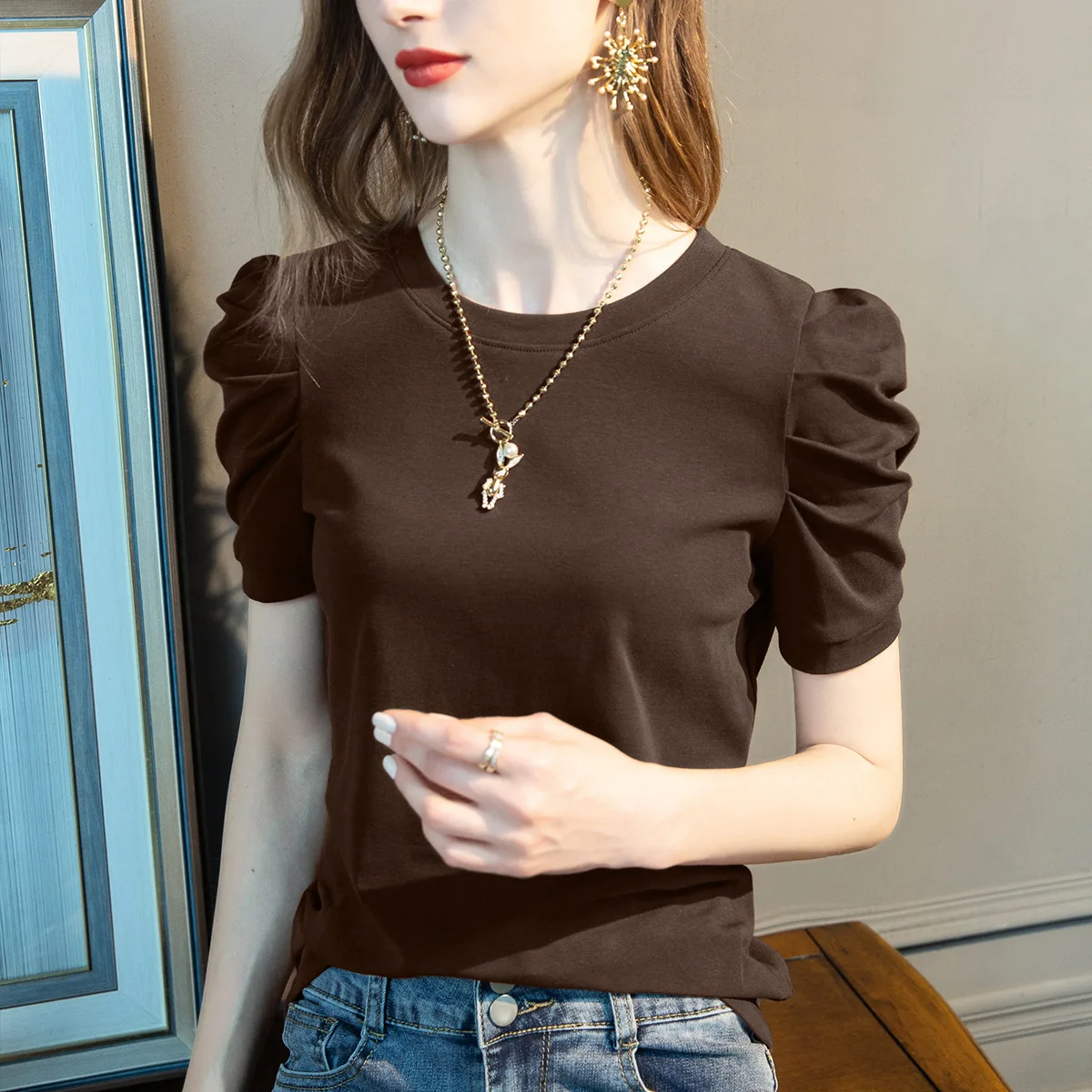 White Short-sleeved T-shirt Women\'s Tshirts Summer New French Puff Sleeves Stretch Cotton Solid Color Basic Y2k Tops Shirts