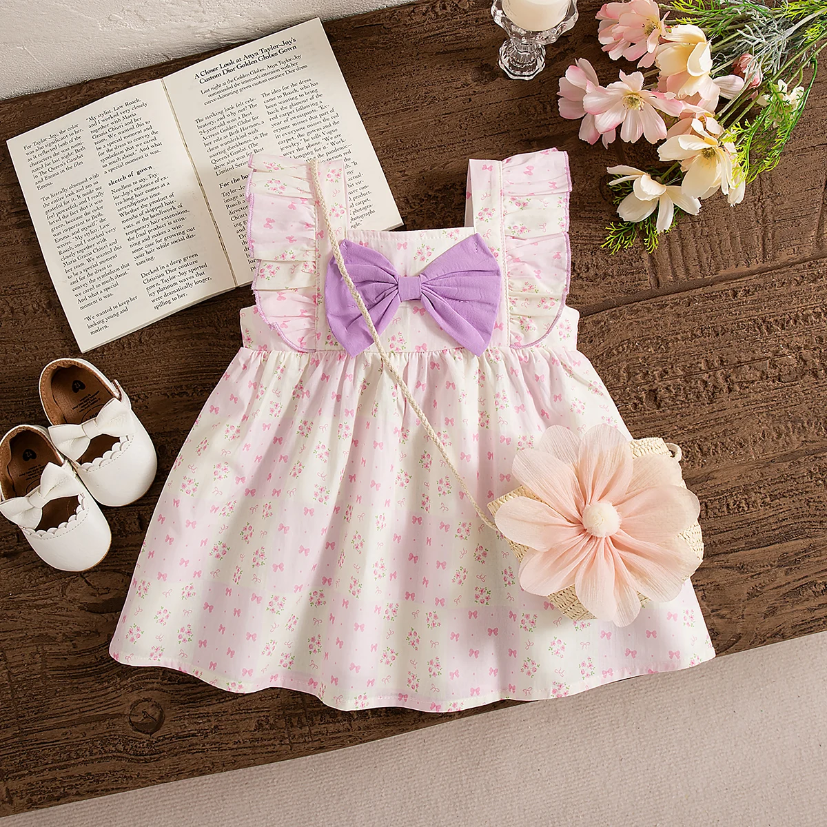 Girls Floral Bow Cotton Casual Dress
