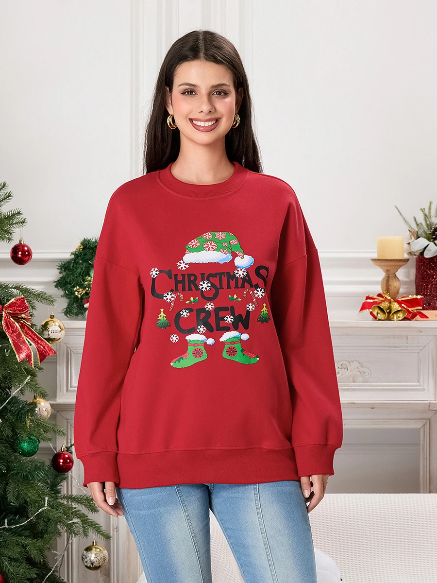 thumbnail image 1 of Sudadera navideña de manga larga con cuello redondo y estampado de gorro de Papá Noel para mujer, 1 of 4