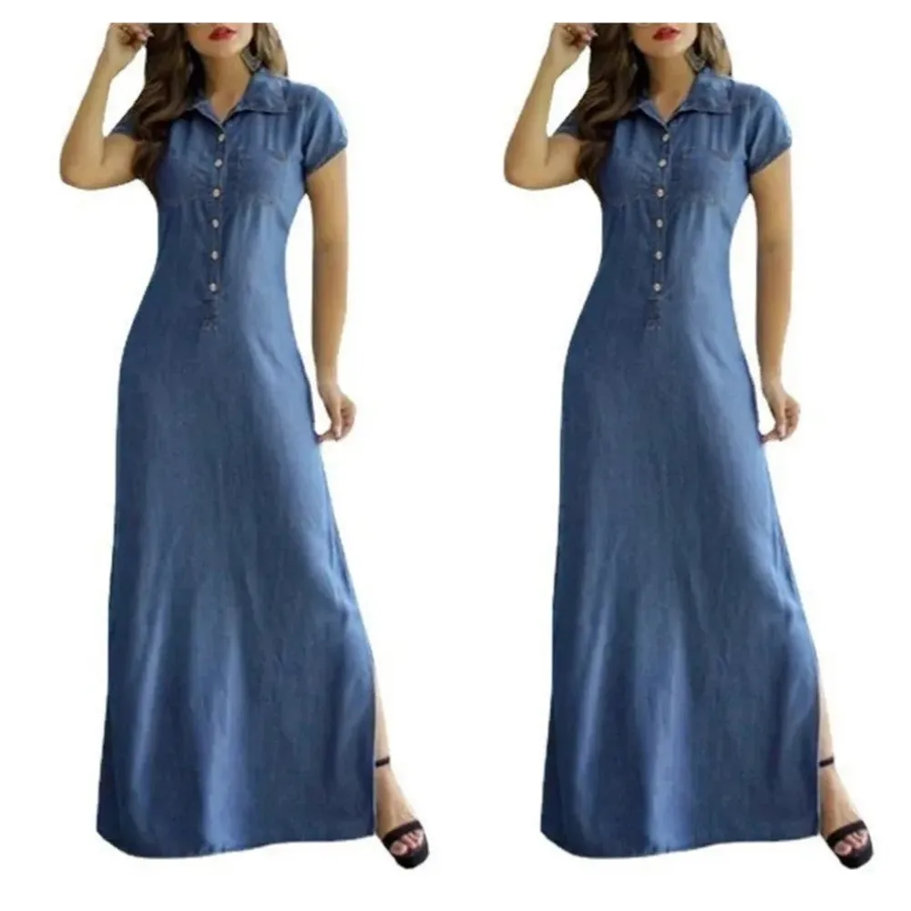 

2024 New Europe And America Cross Border New Long Dress Shirt Collar Split Pocket Large Swing Dress Large Casual Denim Dress