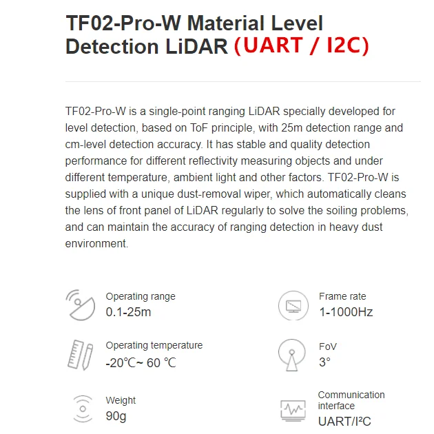 TF02 Pro W Material Level Detection LiDAR UART I2C/ RS485 Interface FoV 3° Operating range 25m laser radar ranging sensor 4