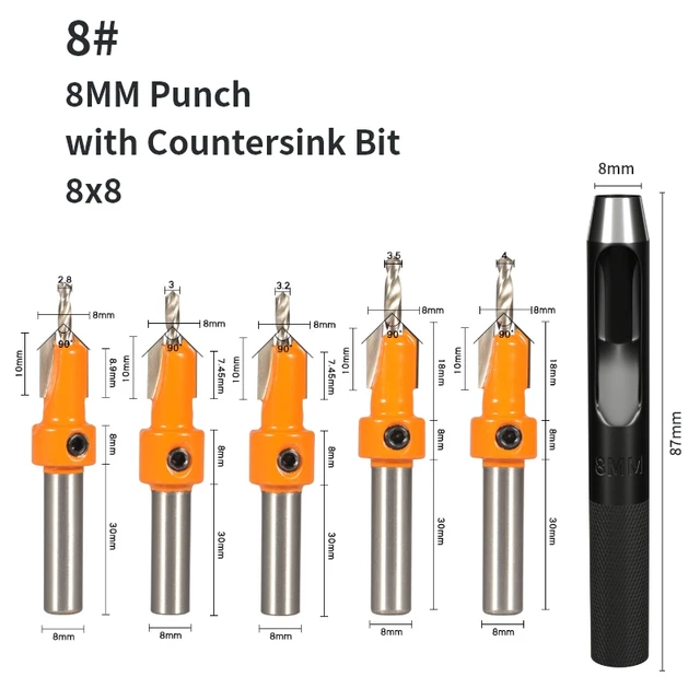 YUSUN 2PCS 8MM Shank Countersink with Punch Router Bit Woodworking Milling Cutter For Wood Face Mill 5pcs 8x8with  Punch
