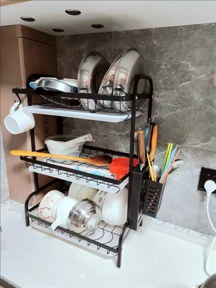 2/3-Tier Carbon Steel Dish Rack with Utensil Holder Compact Rustproof Kitchen dishes dryer Countertop Organizer & Drying Drainer 2