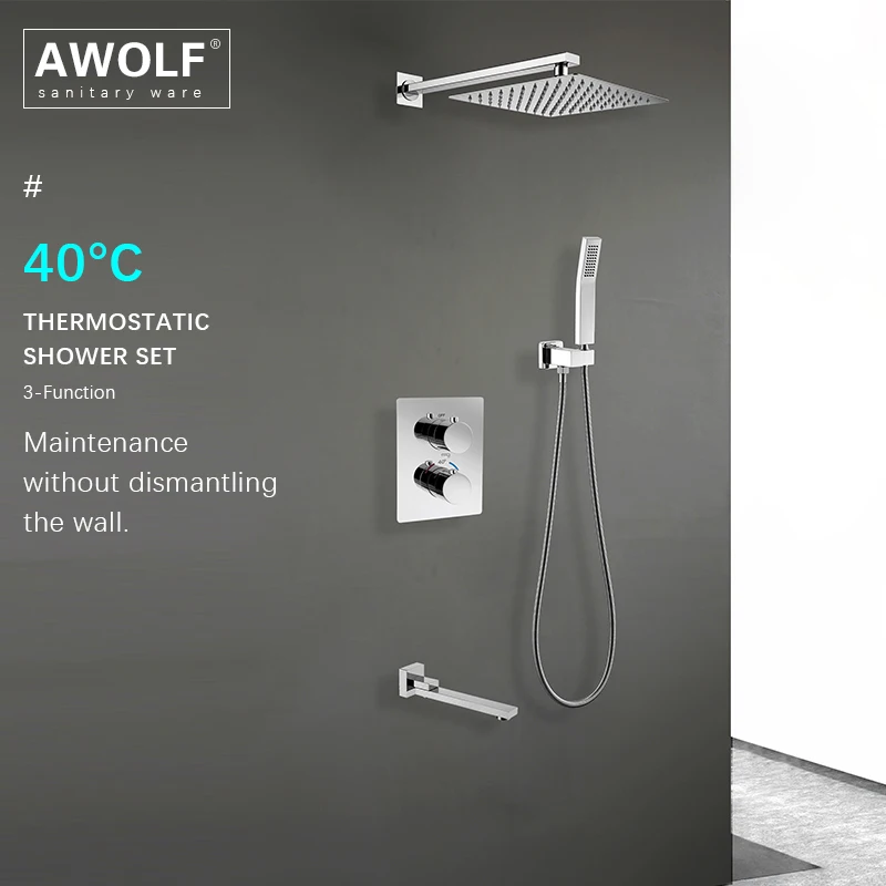

Awolf Thermostatic Mixer Solid Brass Chrome Bathtub Shower Set Matt Black Square Wall Mounted Bath Shower Faucet System AH3062