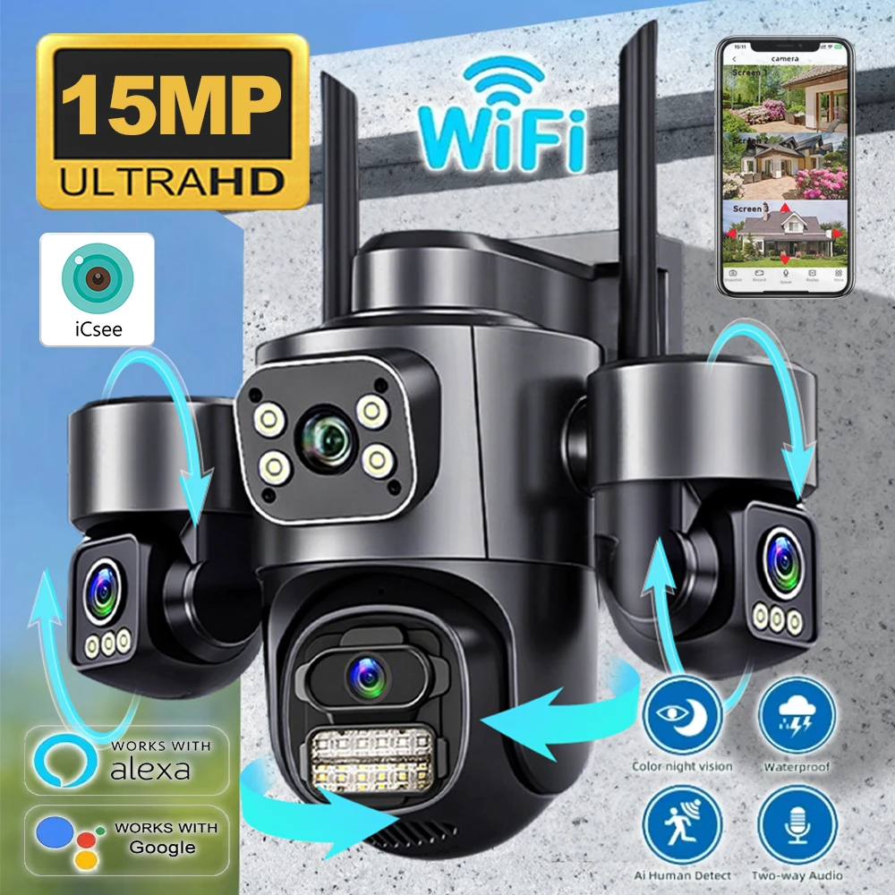 15MP Security Camera iCsee 3-HD Screens Auto Tracking WiFi IP CameraOutdoor CCTV Color Night Vision 2-Way Audio Surveillance Cam 1