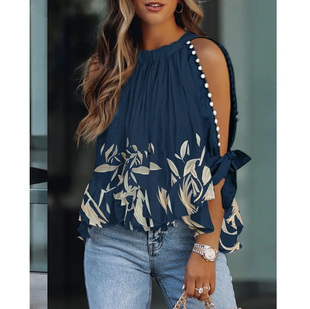 

Summer Women Ruffles Split Sleeve Tied Detail Blouse 2023 New Femme Plants Print Beaded Decor Split Sleeve Top Robe Lady Clothin