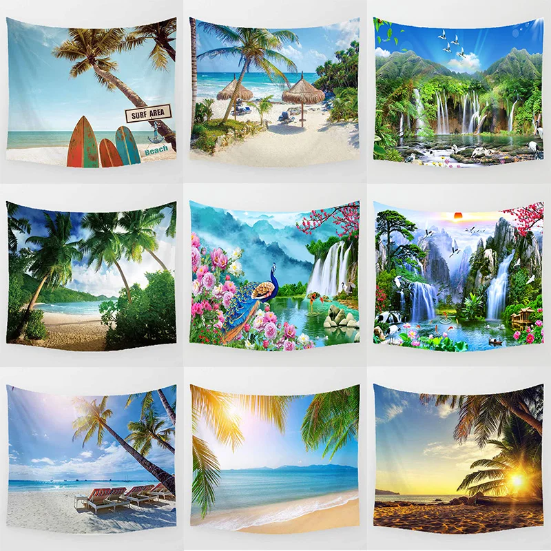 

Red Sun Crane Peacock Mountain Waterfall Seaside Scenery Wall Art Tapestry Bedroom Wall Background Home Wall Decor Tapestry