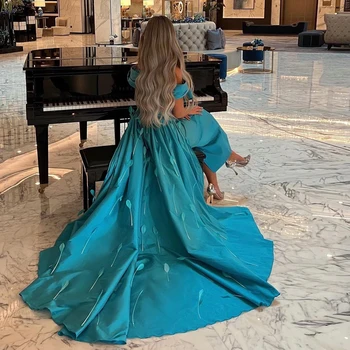 Turquoise Blue Luxury Feathers Dubai Evening Dress with Overskirt Cap Sleeves Arabic Women Wedding Party Dress F010 2