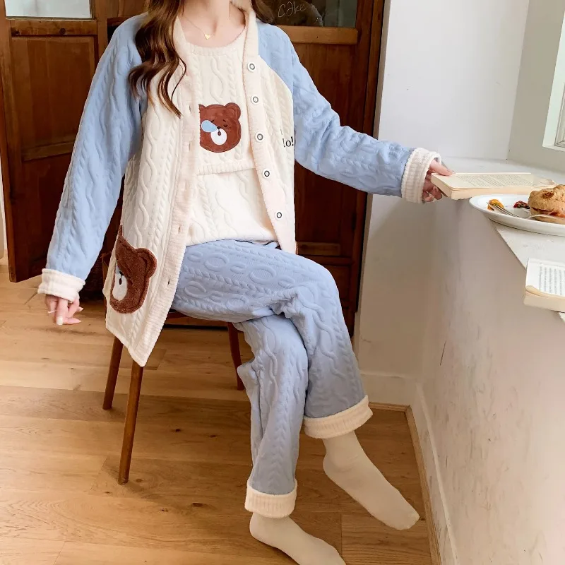 3pcs Sets Autumn Winter Warm Cotton Padded Maternity Nursing Sleepwear Breastfeeding Pajamas Pregnancy Home Lounge Hospital Wear