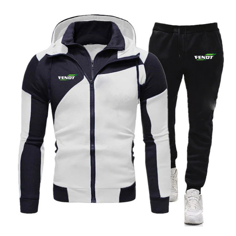 FENDT 2023 spring and autumn new men's diagonal zipper sportswear hooded sweatshirt+sweatpants suit