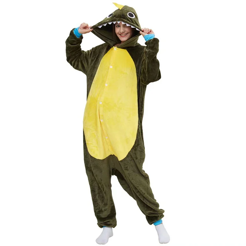 Autumn and Winter Unisex Flannel Hooded Thermal Pajamas Women Sleepwear Men Cartoon Dinosaur Kigurumi Cosplay Animal Jumpsuit