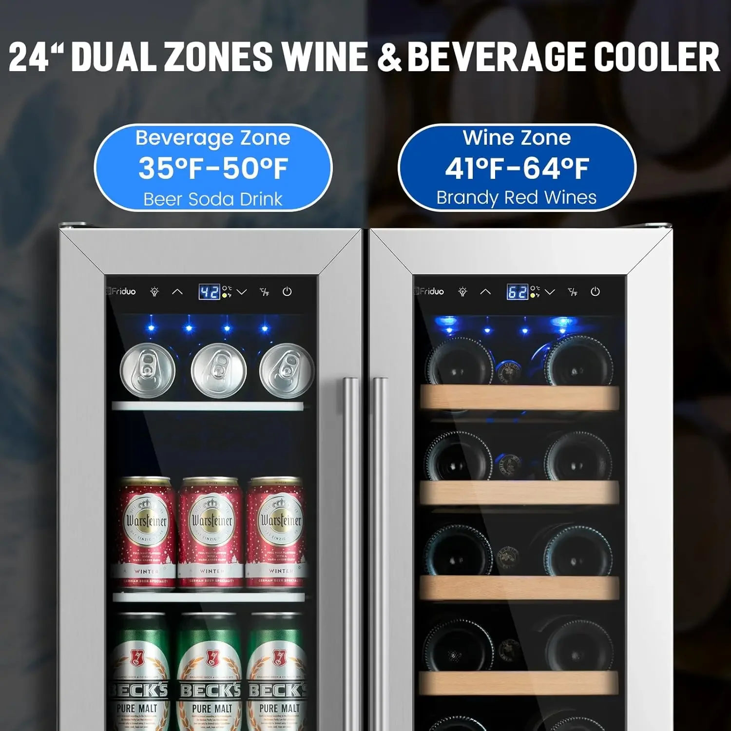 Beverage Refrigerator 24 inch, Dual Zone Wine Cooler Under Counter Lockable 20 Bottles and 88 Cans Fridge Built in Freestanding 2