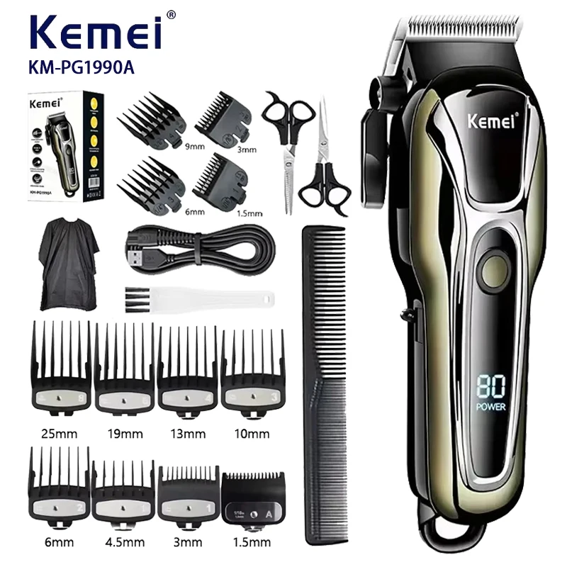 Kemei PG1990A 충전식 헤어 클리퍼 또는 리미트 빗 전문 무선 남성용 헤어 트리머 남성용 헤어 커팅 머신 이발사