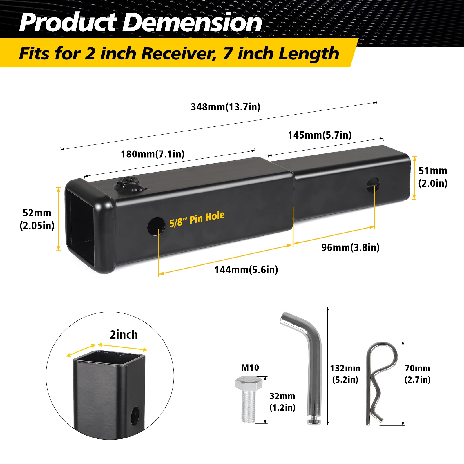 9.65" Trailer Hitch Extension With 2 Inch Receiver Tube Extender Wth 5/8 Inch Hitch Pin and Clips 3000KG GTW caravan hitch cover d ring shackle hitch
