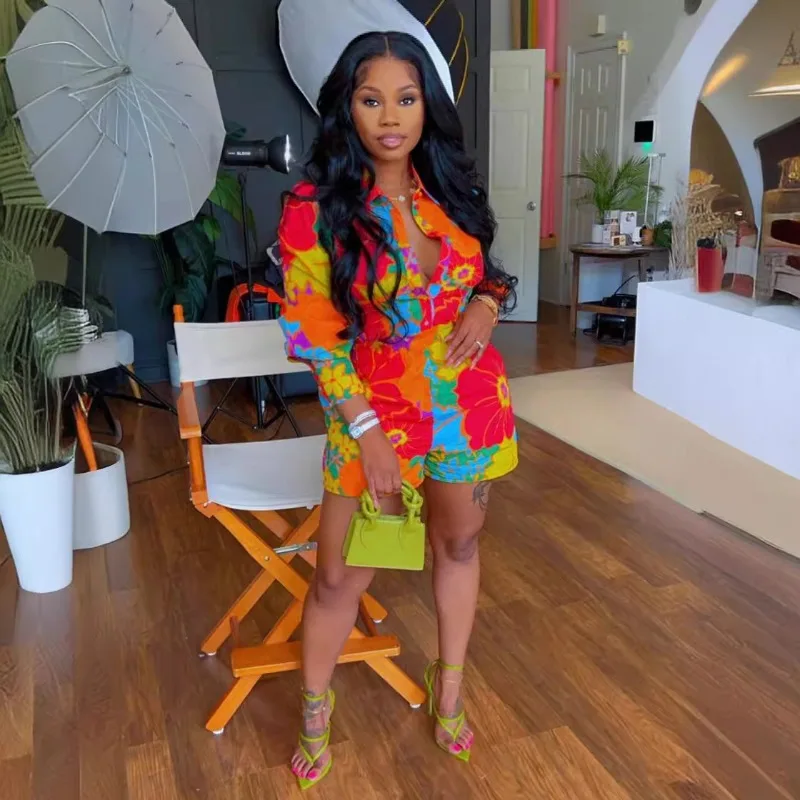 Flower Printed Women 2 Piece Set  Tracksuit 2024 Summer Long Sleeve Loose Shirt Elastic Waist Shorts Vacation Outfit Streetwear