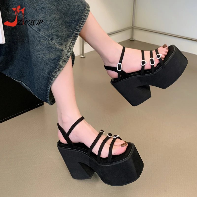 

Women Platform Sandals 11cm Super High Heels Rhinestones Chunky Heel Gladiator Sandals Strap Summer Casual Women Pumps Shoes