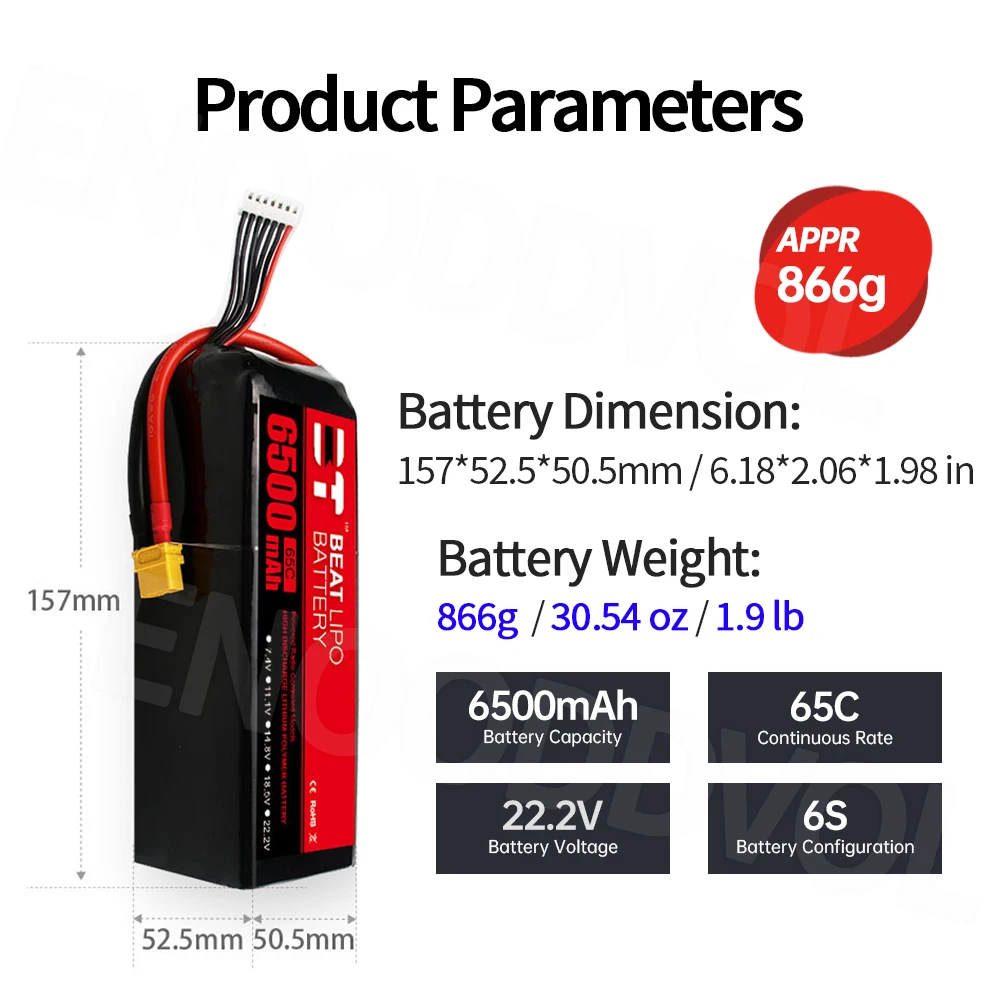 Batterie LiPo 6S 22.2V 6500mAh 65C XT60/T Plug pour Drone FPV