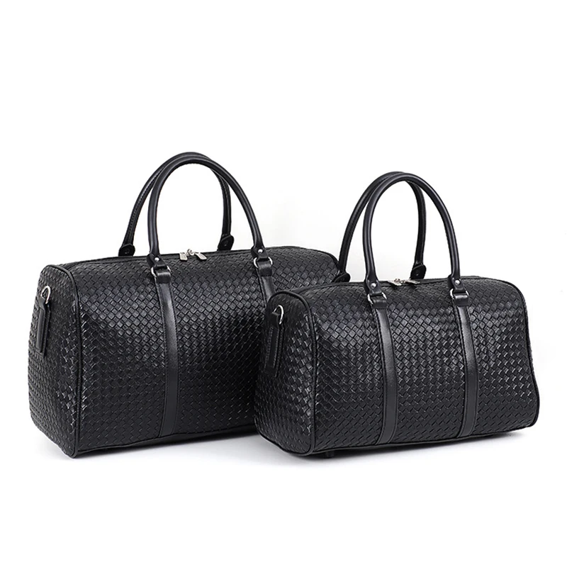 

New Woven Travel Bag Large Capacity PU Leather Handbags Black Men's and Women's Crossbody Duffel Bags Short Trip Luggage Tote