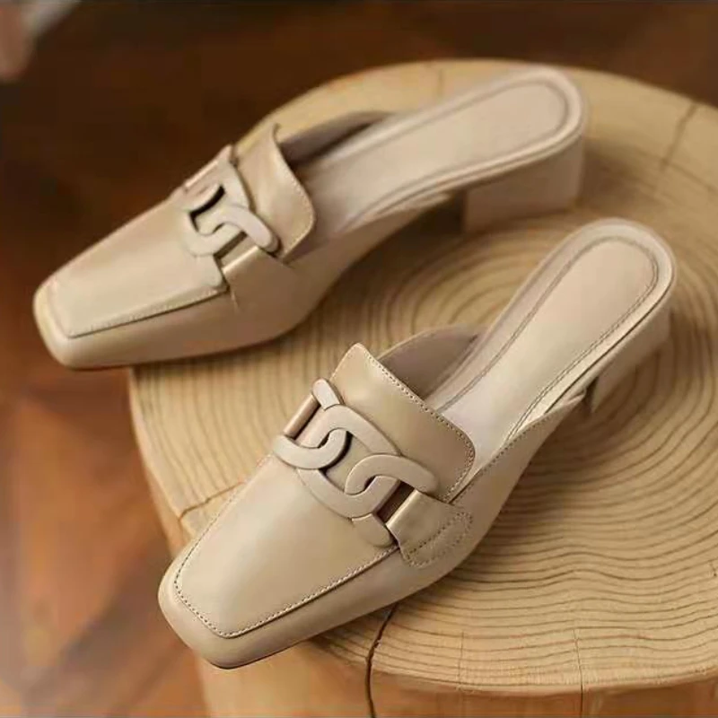 Women's Slippers Summer New Leather Low Heel Square Head Home Half Drag Casual Fashion Comfortable Height Sandals