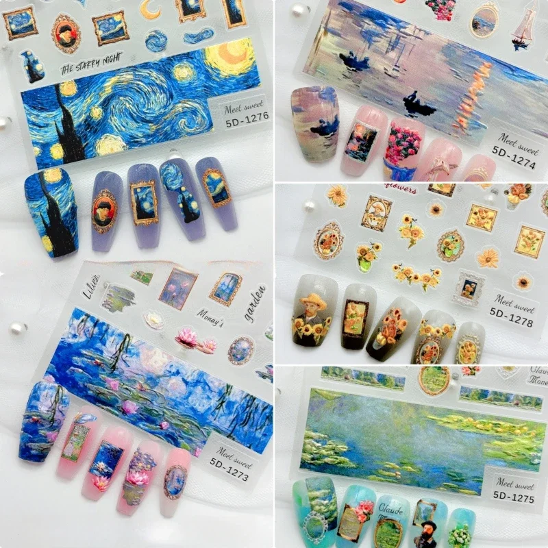 5D Relief Nail Sticker nail stickers nail art decoration nail decals nail Design Monet Garden Van Gogh Sunflower Water Lily Iris DIY Nail Decals Art Decorations 1bag/lot