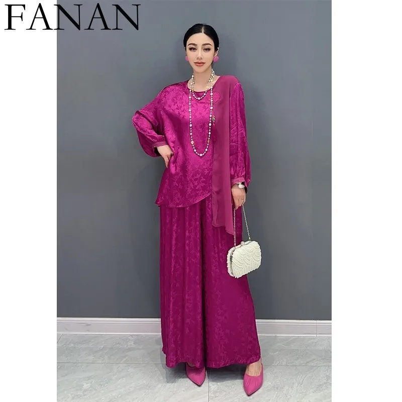 

2024 Spring Autumn New Chinese Style Satin Jacquard O-neck T-Shirt + Wide Leg Long Pants Two Piece Set Women Rose Red LX107