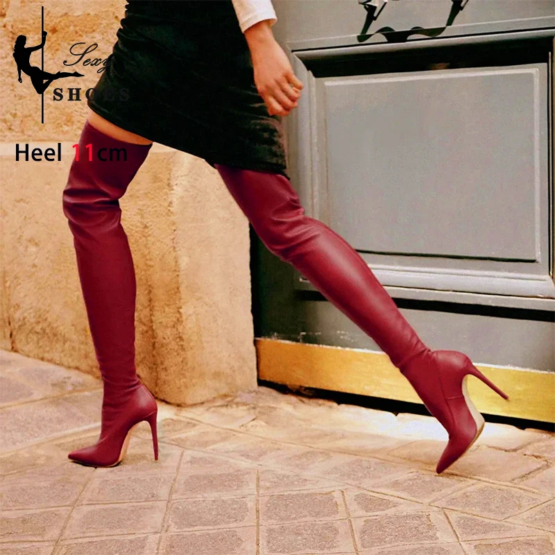 Wine red Sexy High Heels Stretch Leather Over-the-Knee Women's Boots Pointed Toe Thigh High Long Boots Slip-On Feminina Shoes