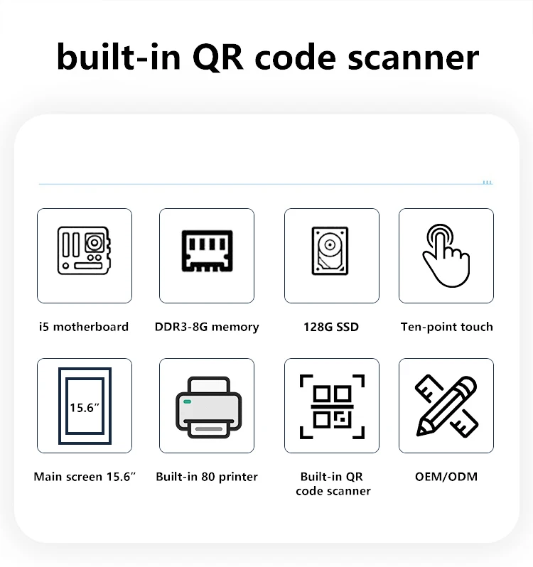 Desktop Self-service 15.6 Inch I5 8+128GB Cash Register 2D QR Scanner & 58mm/80m