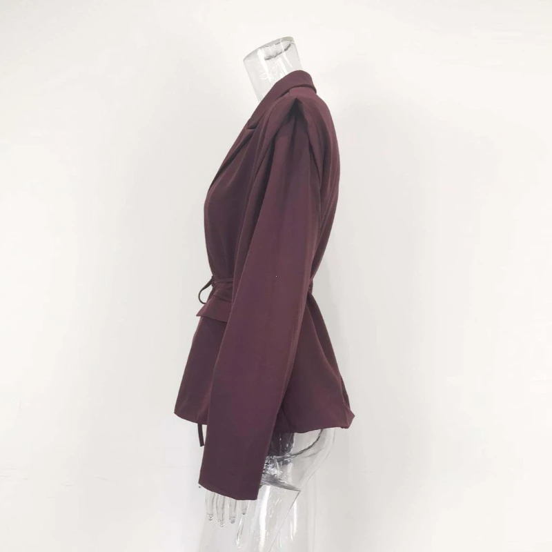 Lace Up Shoulder Pad Blazer Coat Women Elegant Turn-down Collar Long Sleeve Pockets Slim Fit Coats Chic Ladies Outerwear