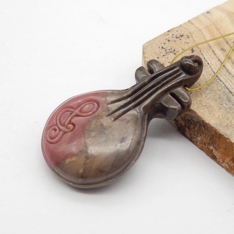 Natural Stone Rhodonite Handmade Carved Pipa Pendant Bead Fashion Jewelry Necklace Accessories 41x23x7mm 12g
