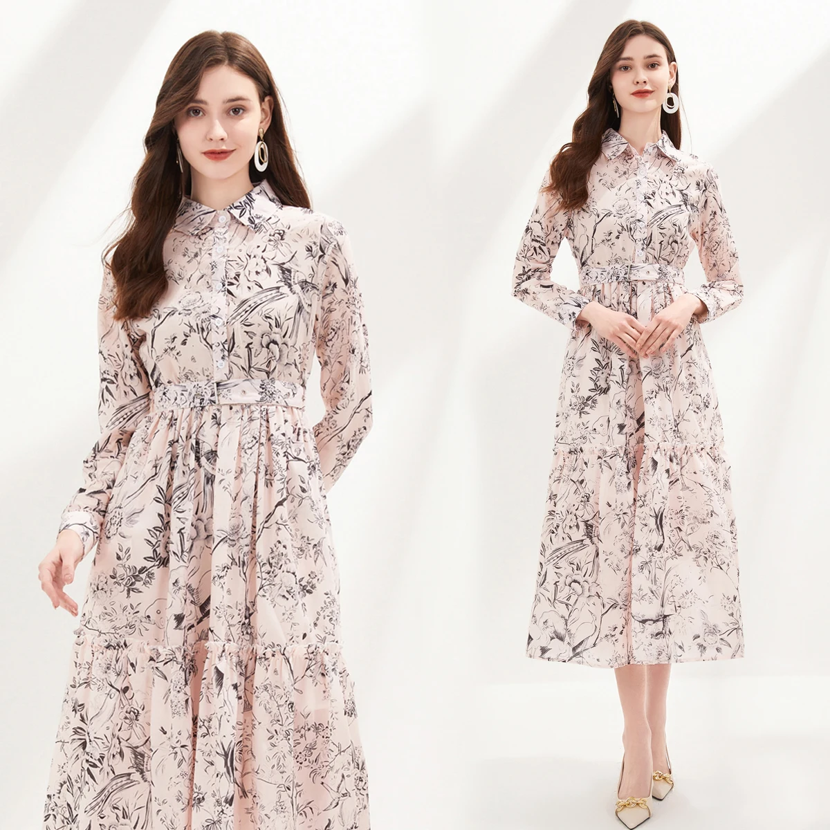 

2023 Spring and summer retro shirt skirt women's long-sleeved lapel floral print belt dress