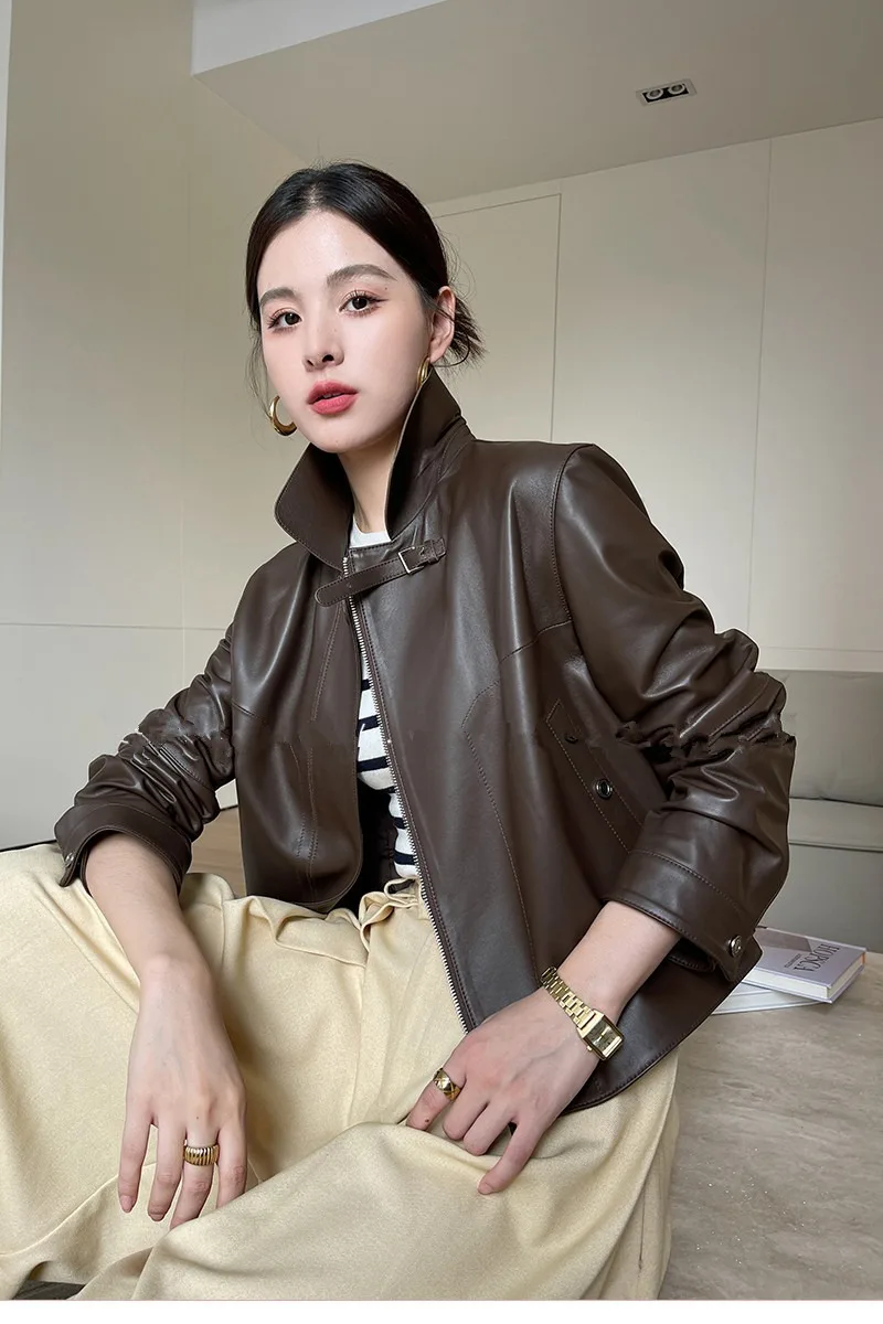 여성용 진짜 가죽 짧은 재킷, 하이엔드 양가죽 슬리밍, 신상 가죽 재킷, 인기 판매, 가을 패션