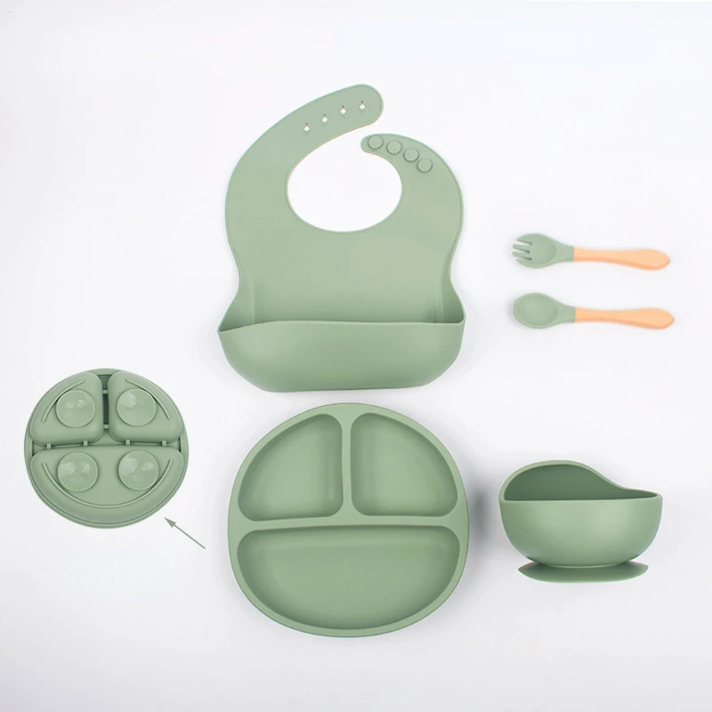 

5Pcs Baby Silicone Tableware Bibs Set Infant Cute Sucker Bowl Newborn Feeding Burp For Toddler Divided Food Plate Fork Spoon Set