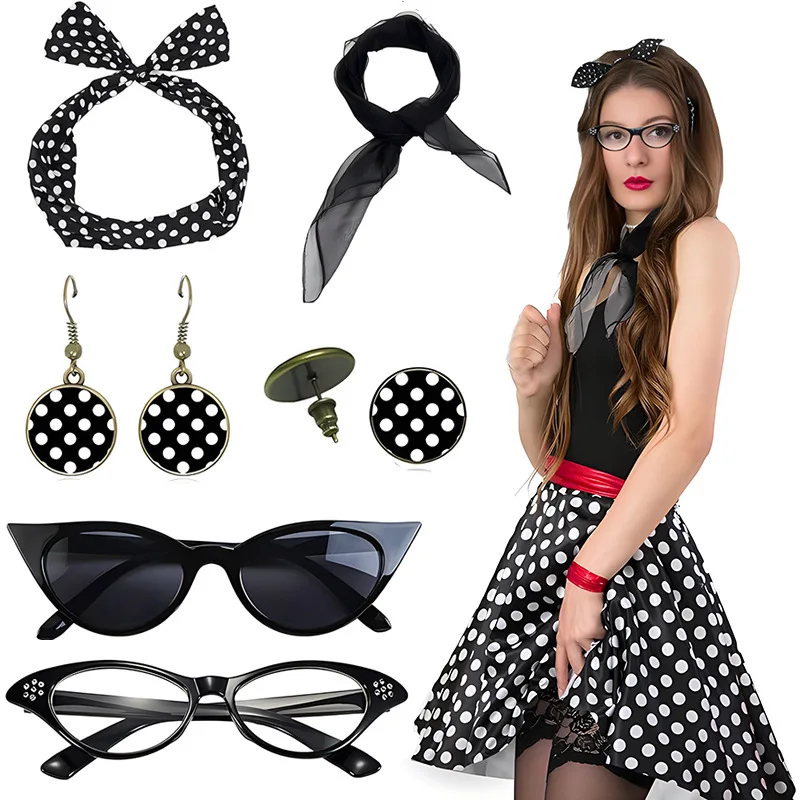 6pcs Set 1950s Costume Accessories Women Vintage Cat Eye Glasses Chiffon Scarf Polka Dot Earrings and Headband - 2