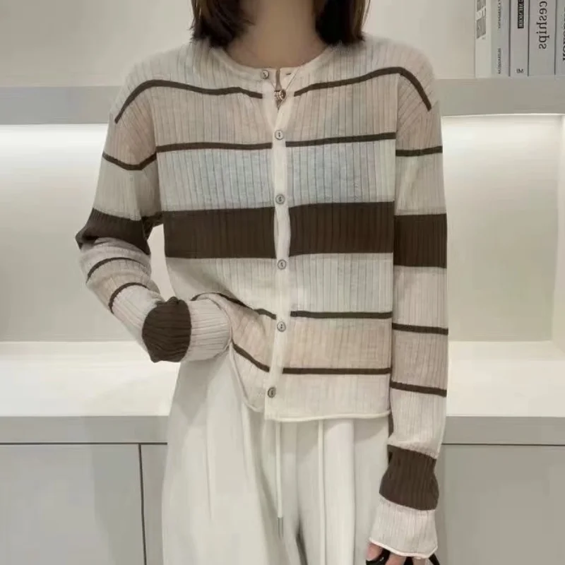 

Foreigner Colored Striped Cashmere Knitted Cardigan Women's Spring and Autumn Thin Round Neck Wool Coat Short Loose Sweater