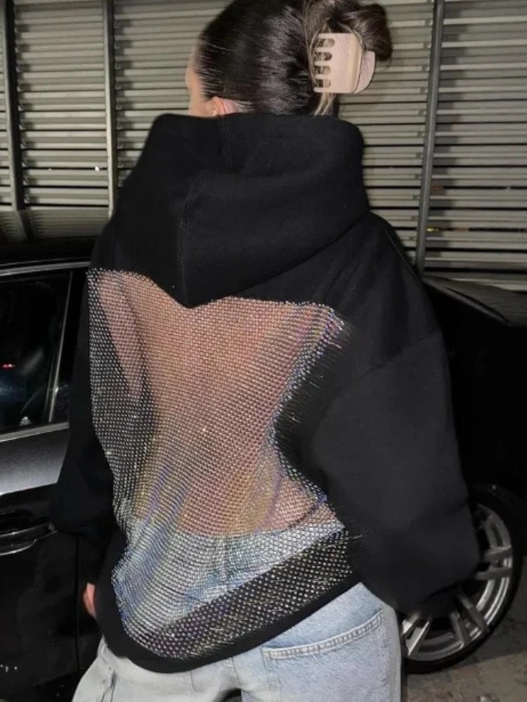 American Gothic Sexy Hollow Mesh Hoodie Y2K Clothes Womens Fashion Translucent Pullover Sweatshirt Casual Long Sleeves Jacket