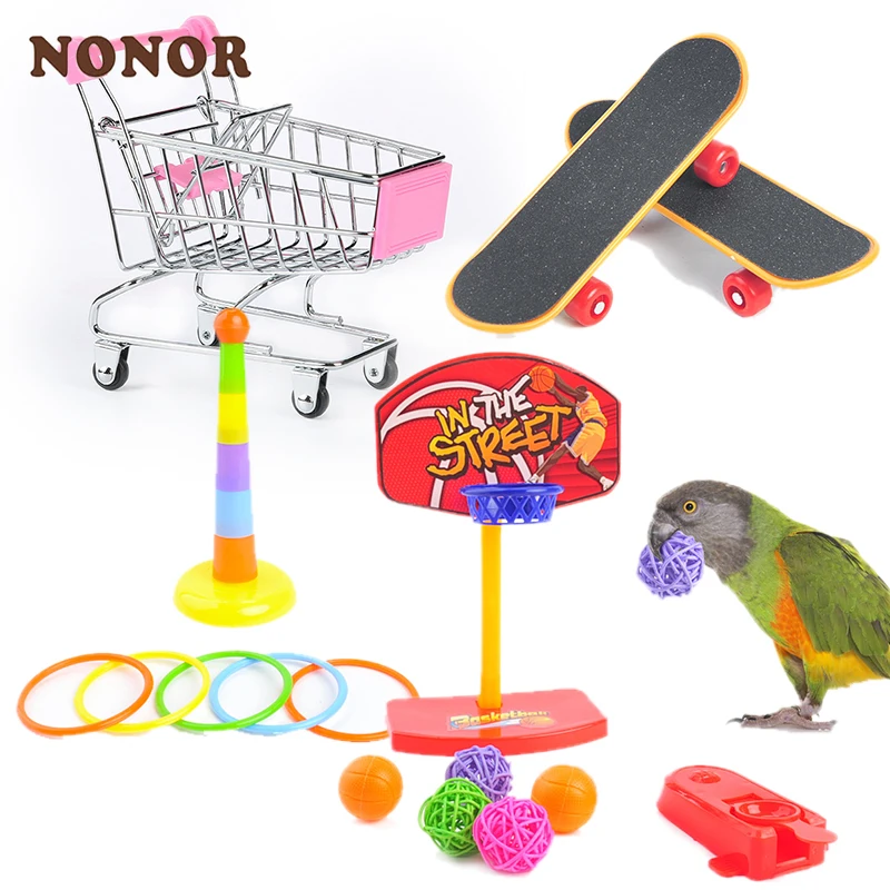 NONOR 1Set Of Training Pet Bird Toy Set Interactive Parrot Equipment Set Funny Bird Activity Toy Pet Basketball Skateboard