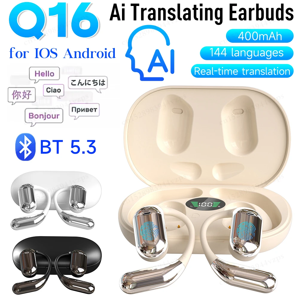 AI Translator Earbuds Real Time Voice Translator 144 Languages Instant Translation Noise Canceling Wireless Bluetooth Headphones