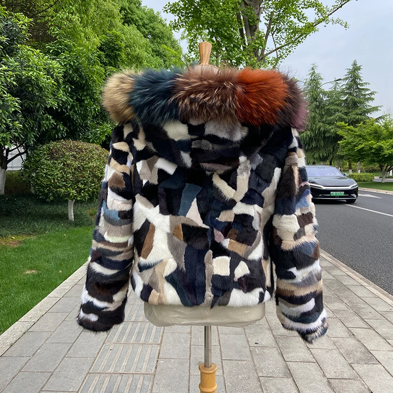 2022 Winter New Real Colorfu Mink Fur Coat Women Luxury Mink Fur Coat Fur Jacket With Bigger Hood and Raccoon Fur Collar