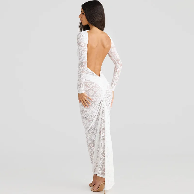White Lace Backless Long Dress For Women See-Through High Waist Printed Slim Solid Hollow Out Dress Women's Party Dress