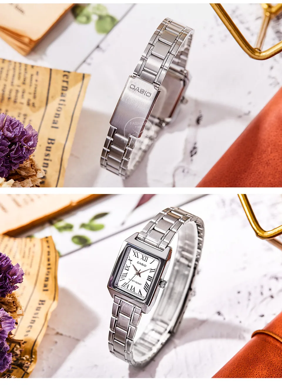 Casio women’s stainless steel quartz watch with Roman numeral dial and 30M water resistance – includes free shipping to Singapore