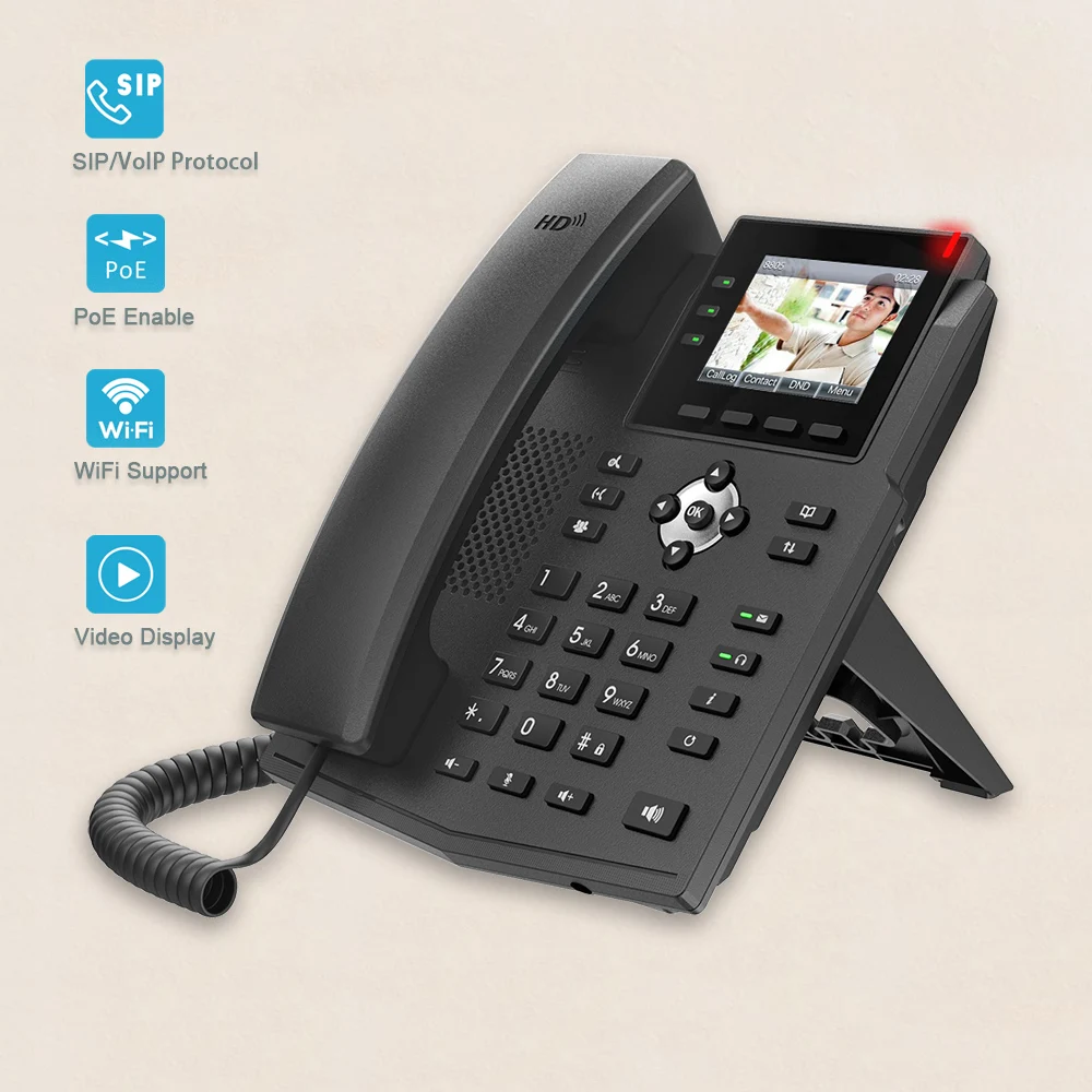 Wireless SIP Video Phone WiFi Basic Corded VoIP Cheap Telephone with Colorful LCD Multimedia