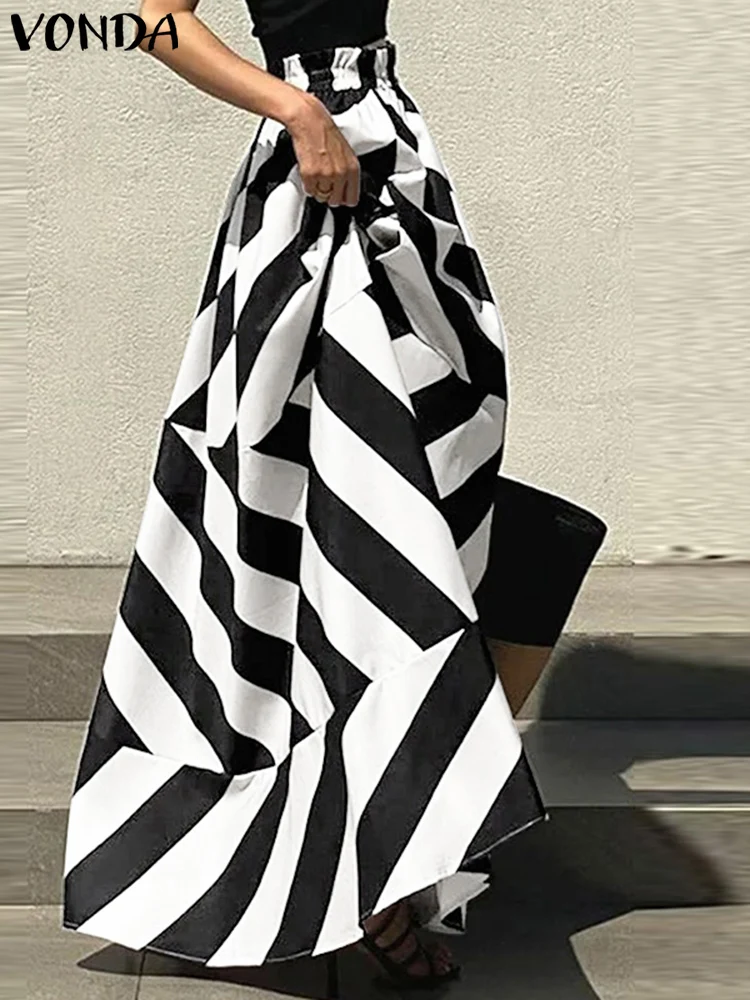 Plus Size 5XL VONDA 2025 Bohemian Striped Maxi Skirts Summer High