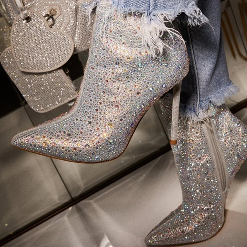 

Bling Bling Crystal Pointed Toe Women Ankle Boots Glitter Silver Rhinestone Stiletto High Heels Short Booties Zipper Women Pumps