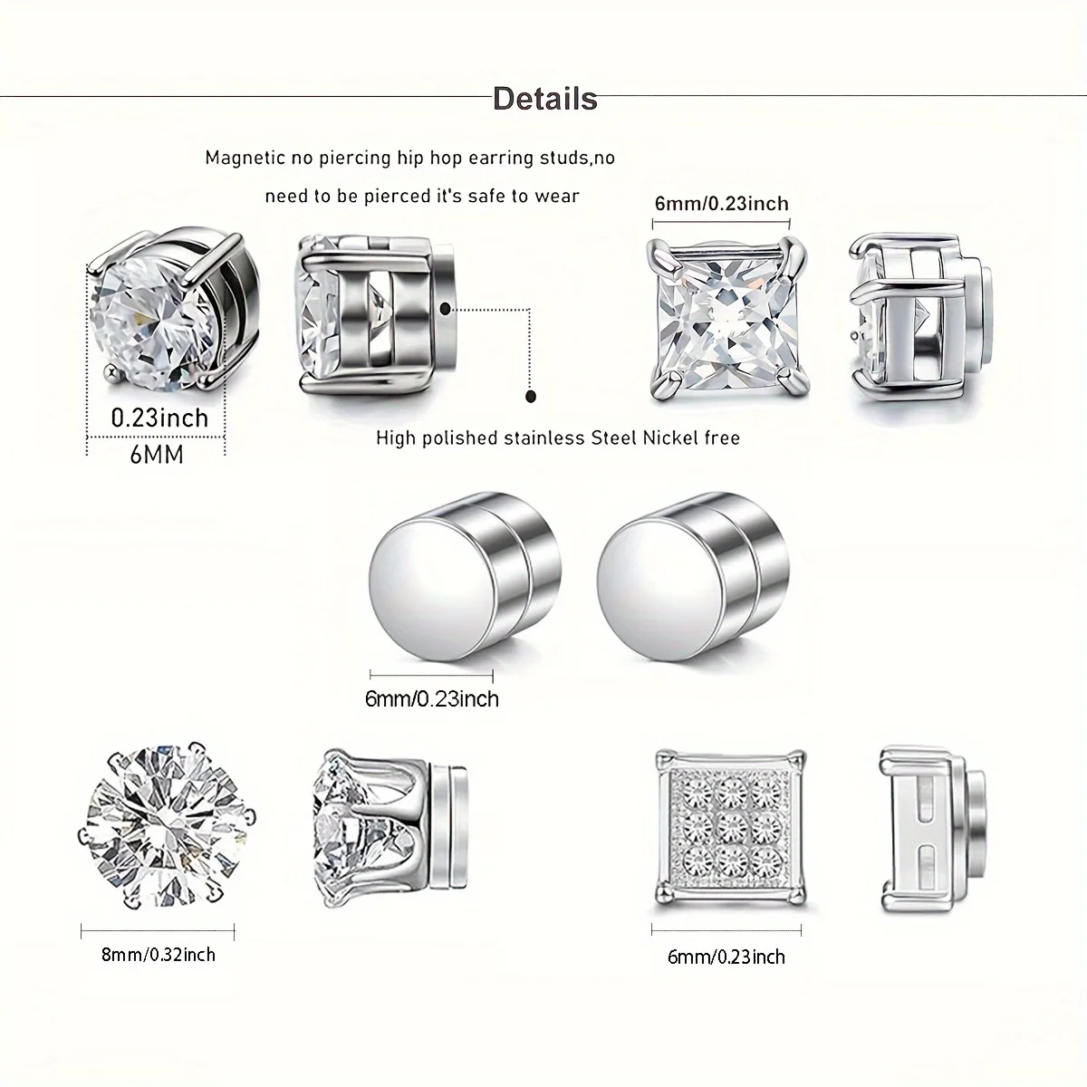 Ear Clip Earrings Clip Earrings Ear Clip Stud Earrings Magnetic Earrings Ear Accessories 1 Pairs Magnetic Stainless Steel Earring Studs Set-Hip Hop Street Style Synthetic Zircon Non-Piercing Clip-On Earrings Jewelry