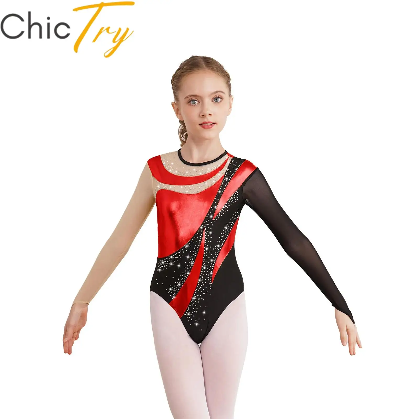 

Kids Girls Shiny Ballet Gymnastics Leotard Mesh Long Sleeve Keyhole Back Metallic Dance Bodysuit Figure Ice Skating Jumpsuit