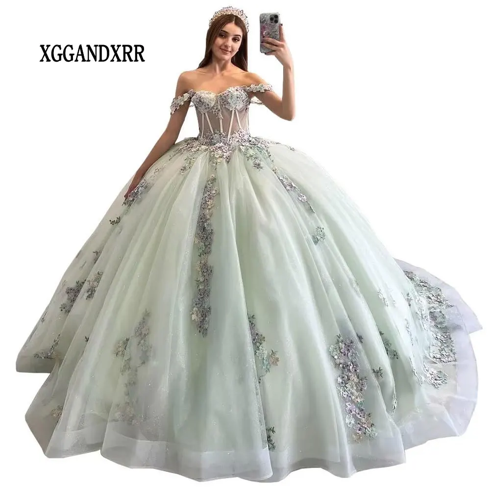 

Sparkly Lace Pearly Quinceanera Dresses Puffy Beaded Appliques Sweet 16 Ball Gown Tulle 3D Floral Vestidos XV Años Prom Gown